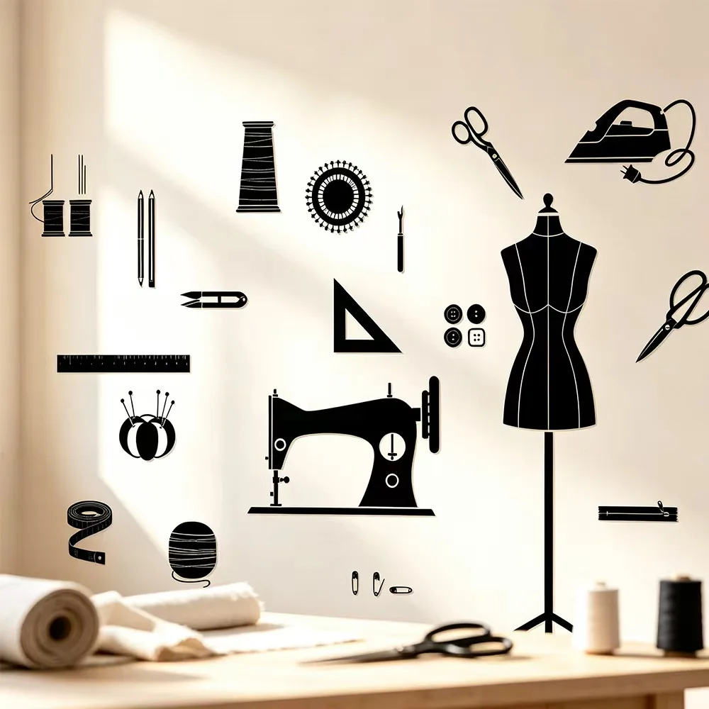 Retro black sewing machine wall stickers for bedroom, living room, tailor shop decoration wall decal poster