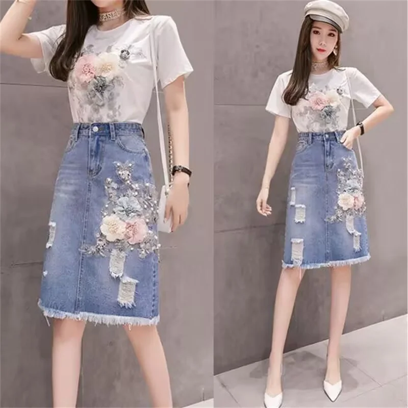 Summer Beading Women Sets Sequins Embroidery 3D Flower Short Sleeve T Shirt And Hole Jeans Skirt 2pcs Female Skirt Suits 3XL 692