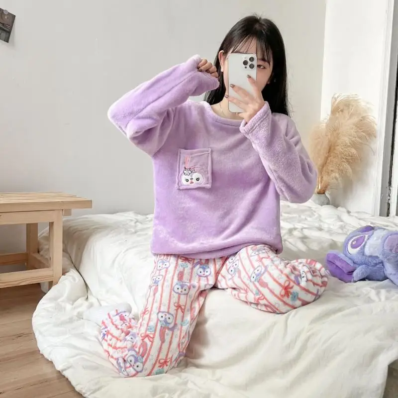 Kawaii Sanrio Anime Hobby Cinnamoroll Cartoon Girl Coral Velvet Thickened Warm Pajamas Two-Piece Home Wear Set