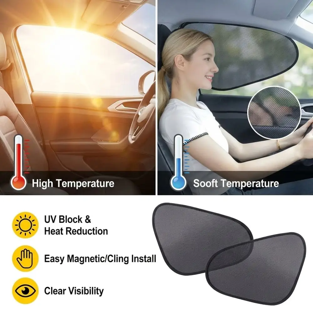 2PCS Static Cling Car Side Window Sun Shade UV Protection Semi-Transparent Static Cling Car Side Breathable Mesh Black
