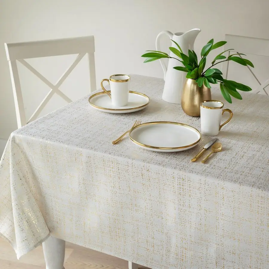 

Gold Mine Foil Printed Fabric Table Cloth, Holiday, Winter, Thanksgiving, and Christmas Tablecloth 60 x 144 Rectangular, Gold Mi
