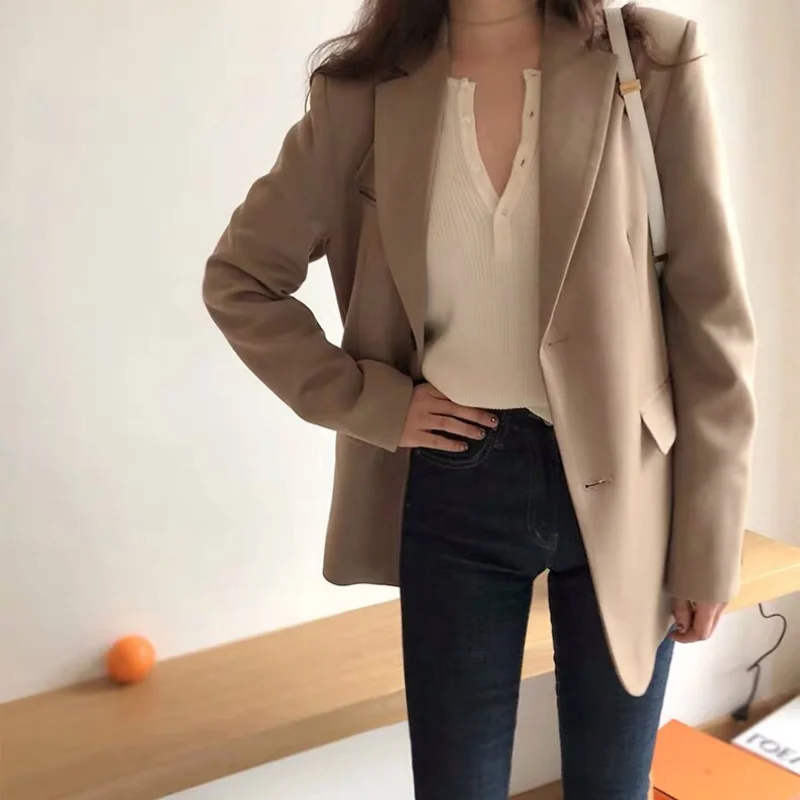 Korea Style Women Casual Blazer Grey Solid Colors Single Breasted Loose Suit Woman Spring Fashion Office Work Long Sleeve Blazer