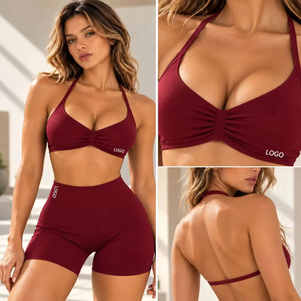 DFXEN Logo Women Seamless Halter Sports Bra Deep V Neck Yoga Bra Fitness Workout Gym Running Activewear Top