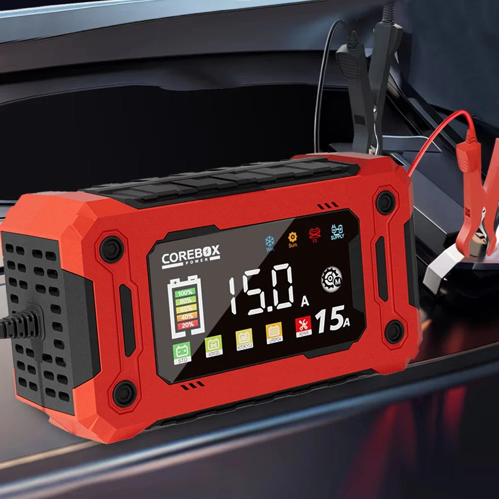 

COREBOX 12 В с большим экраном 8A/15A Автомобильное зарядное устройство Smart для свинцово-кислотных AGM WET LIFEPO4 AUTO Мотоциклетный внедорожник Зарядное устройство для ремонта Pluse