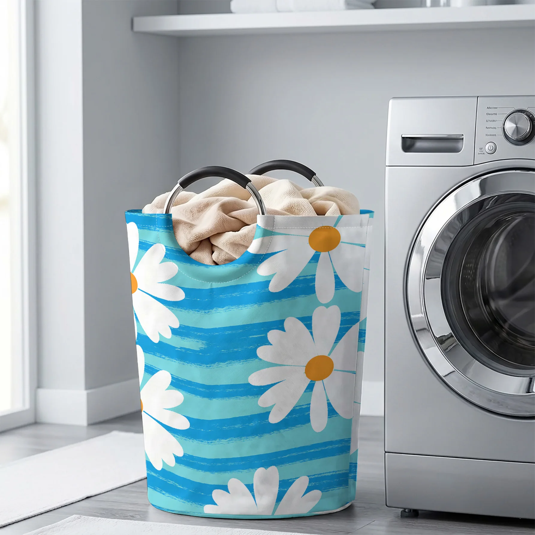 Blue Striped White Daisy All‑Over Print Handheld Storage Basket, For Laundry, Bedroom & Home Sundries Storage