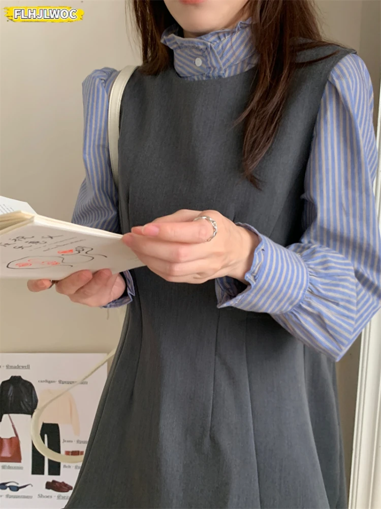 Chic Korea All-Match Outfits Sleeveless Dresses New Year Date Girls Cute Sweet Japan Preppy Style Design Striped Shirt Dress
