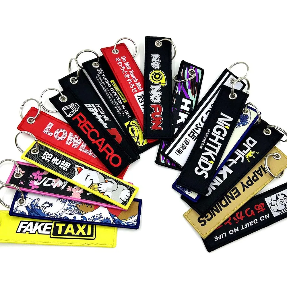 JDM Keychain Car Culture Style Fashion Moto Keychain Embroidered Cloth Key Tags Auto Holder Charm Key Ring Fake Taxi No Good