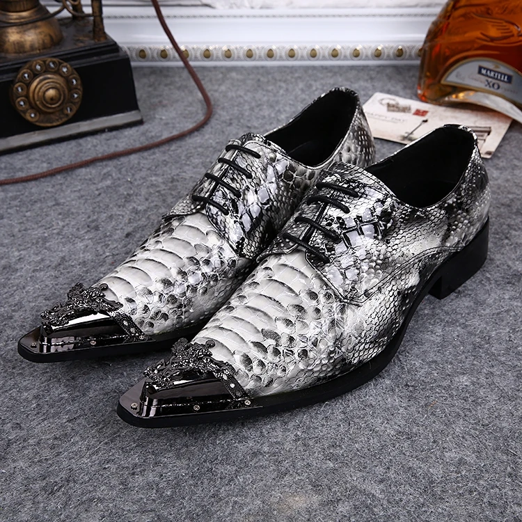 

British Style Snake Pattern Men Formal Shoes Iron Pointed Toe Cow Leather Derby Shoes Trendy Party Banquet Business Dress Shoes