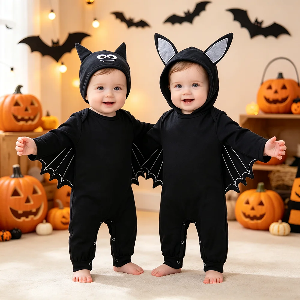 Baby Clothes Cotton Newborn Rompers Long-Sleeve New Born Bat Costume Halloween Outfits Black Jumpsuit with 3D Wings & Eared Hat