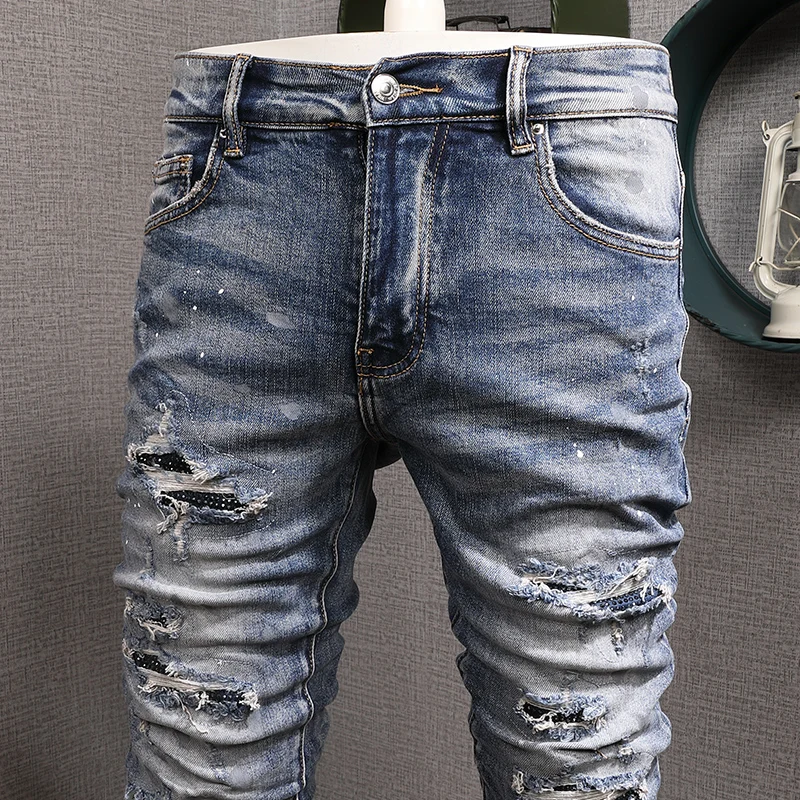 High Street Fashion Men Jeans Retro Washed Blue Stretch Skinny Fit Ripped Jeans Men Painted Patched Designer Hip Hop Brand Pants