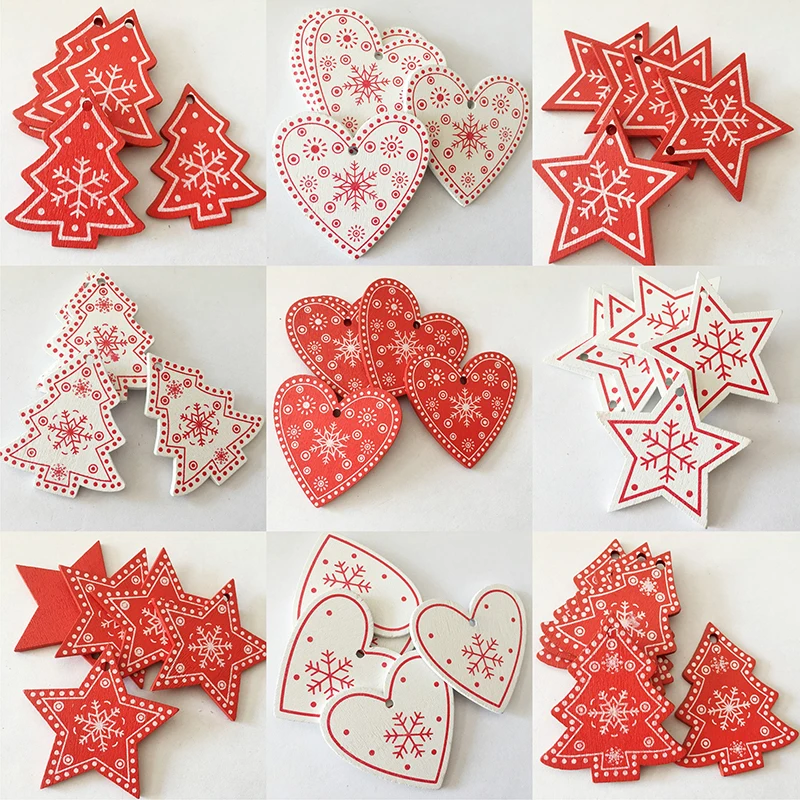 10Pcs Red Christmas Wooden Pendant Merry Christmas Decorations Christmas Tree Hanging Ornaments Xmas New Year Home Decor