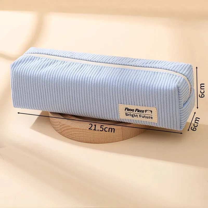 New Corduroy Stripe Pencil Case Minimalist Metal Zipper Pencil Storage Bag Solid Color Rectangular Pen Storage Box for Student