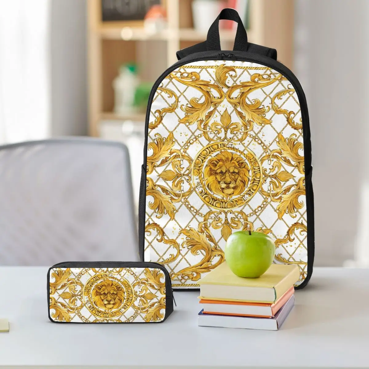 

Golden Lion Baroque And Damask Ornament Backpack Student Boys Girls BookBag School Bag 3ps Insulated Lunch Bag Pencil Case