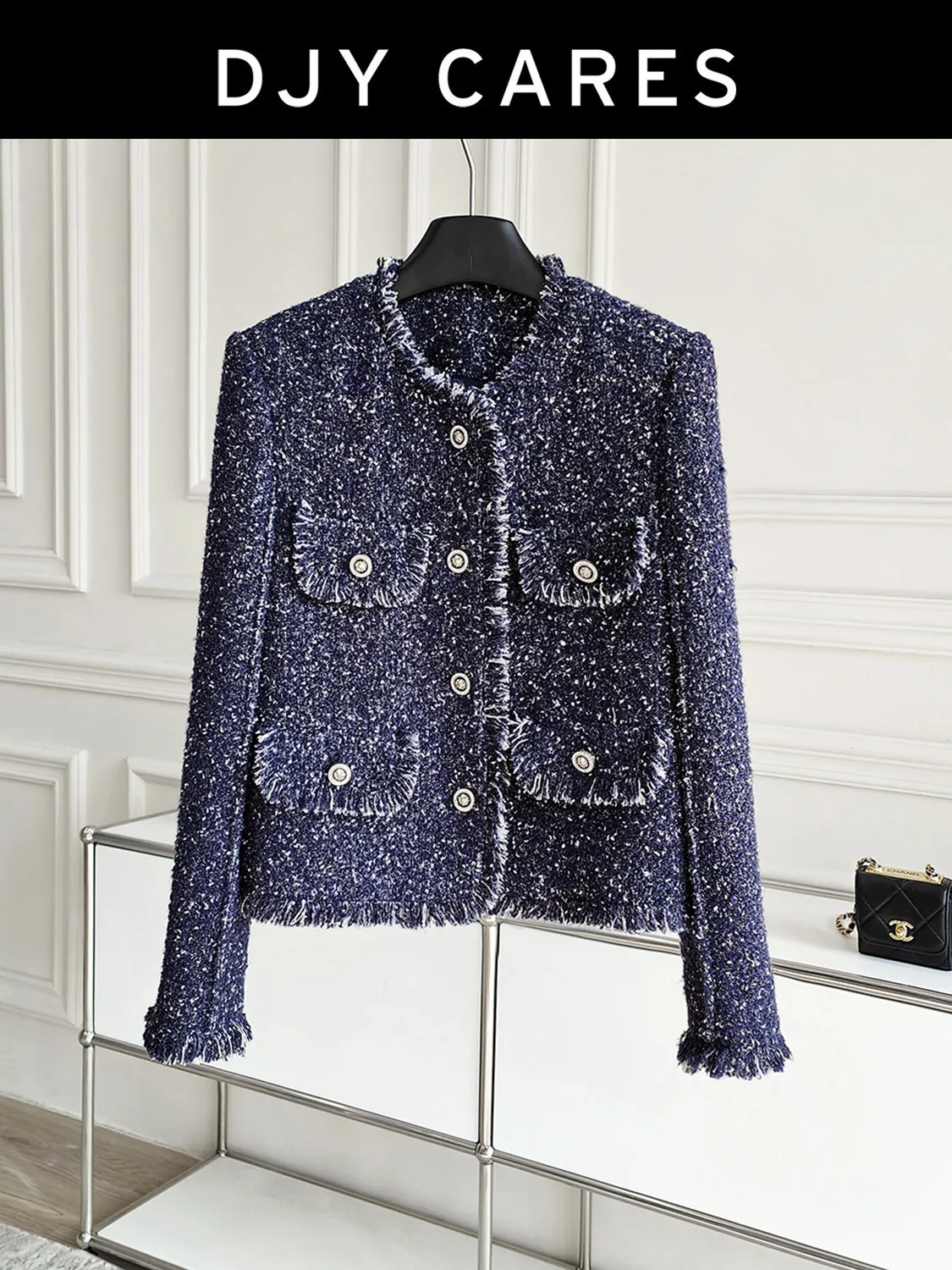 

New Deep sea blue fringe commuter jacket round neck top big size