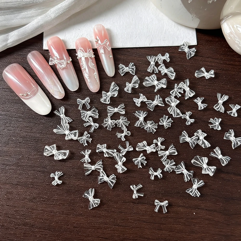 50Pcs 3D Translucent Moonlight Bow Nail Charms Cute Resin Bowknot Nails Art Decorations Flatback Ribbon Manicure Accessories ZCF