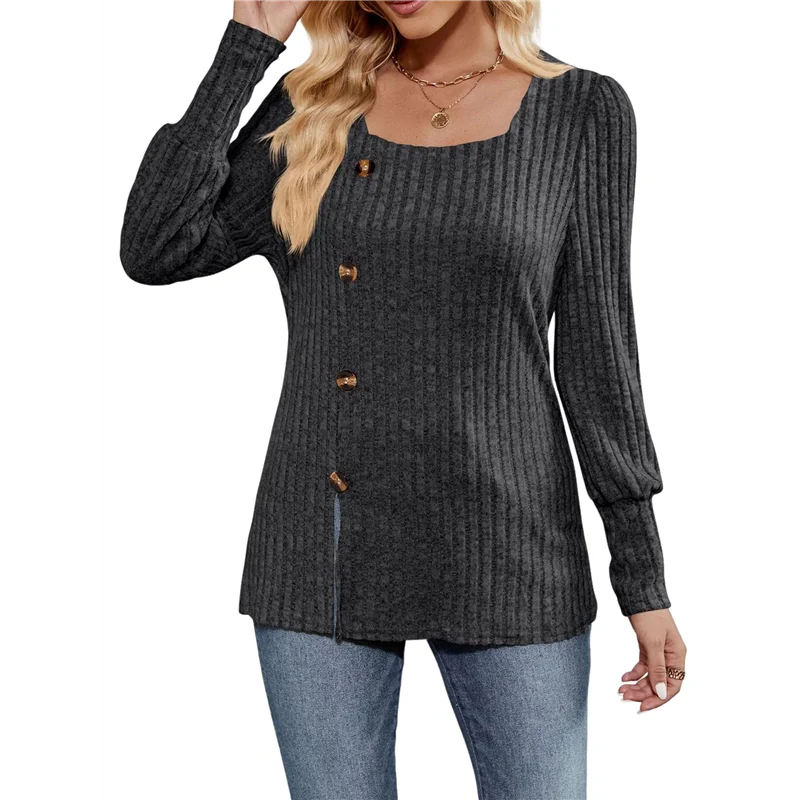 เสื้อสตรีแขนยาวทรงหลวม คอเหลี่ยม แต่งกระดุม ผ่าข้าง ผ้าเนื้อนุ่ม สไตล์เสื้อคลุม