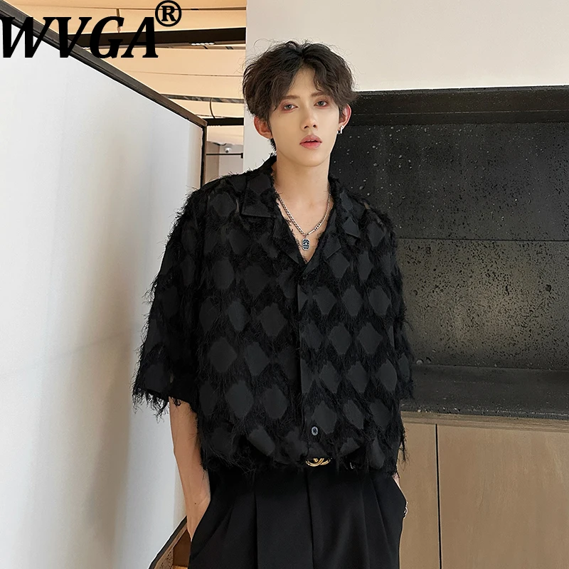

Новая летняя мужская рубашка WVGA с бахромой, однотонная, универсальная, модная, короткая, в стиле Y2K, с отложным воротником, повседневная, шикарная, модель W21228