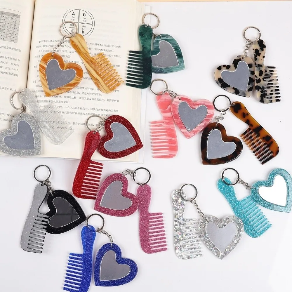 Creative Mini Heart Makeup Mirror Keychain Colorful Shining Anti Loss Comb Mirror Keychain Simple Keychain Pendant Gift