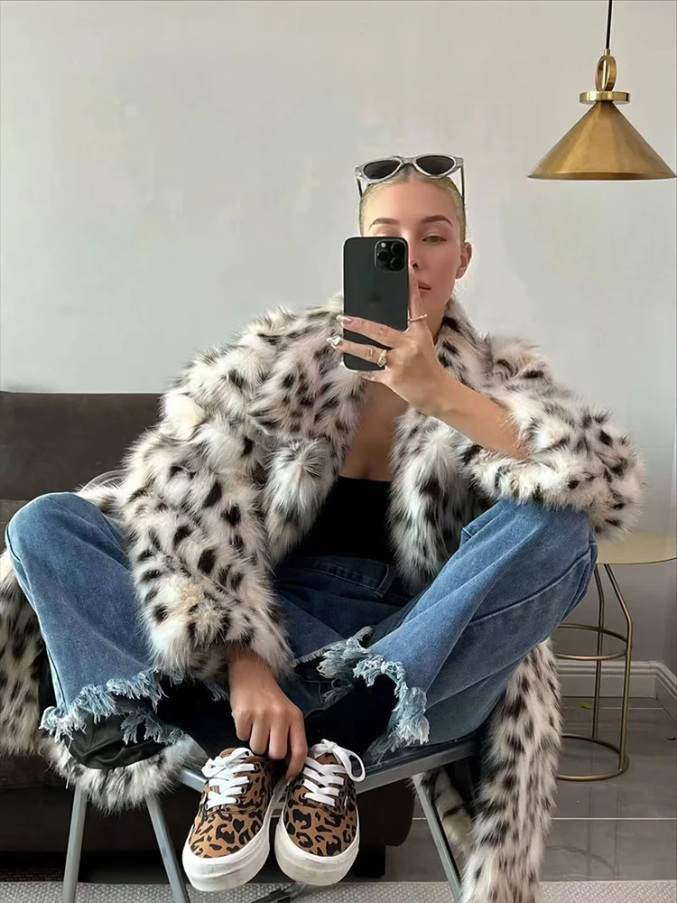 Europese en Amerikaanse stijl herfst 2025, nieuwe dames losse, casual, halflange jas met lange mouwen en kunstbonteffect