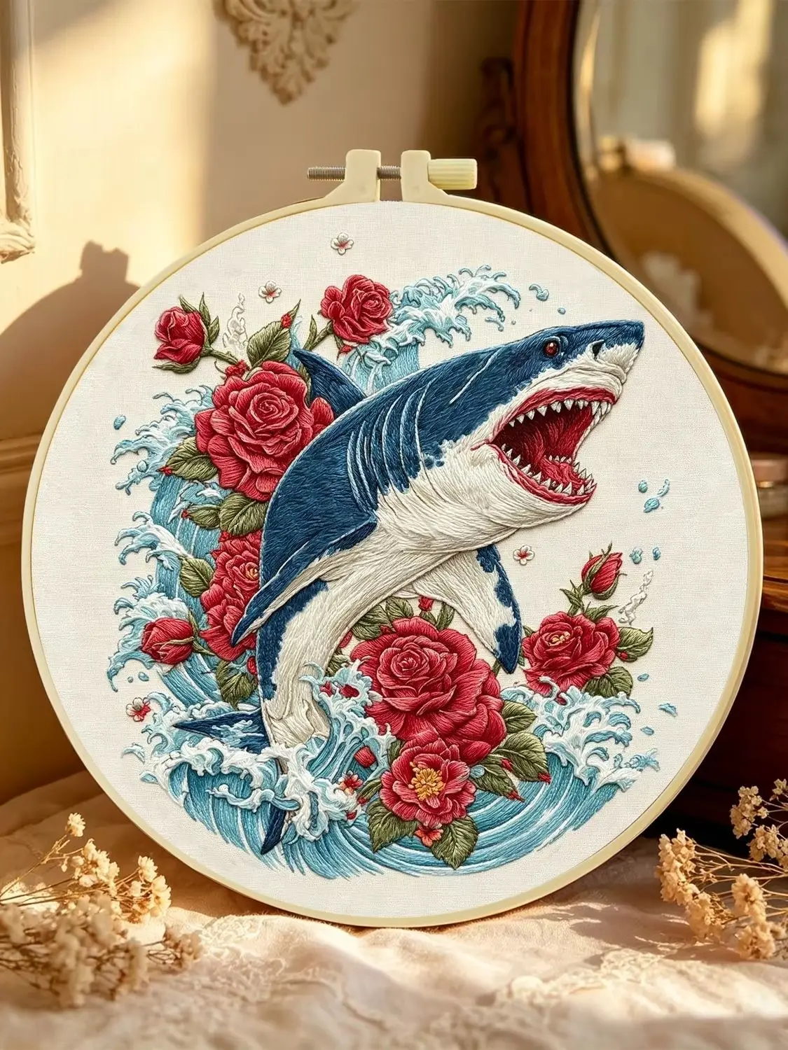 1 Set Rose Shark DIY Stickerei-Set für Anfänger, Stick-Starter-Kit, Kreuzstich-Kunstgeschenk, Handarbeits-Bastelset – Detail 1