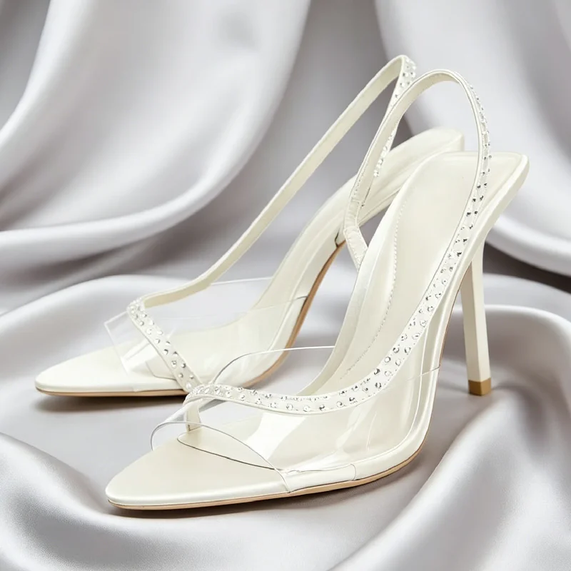 

Luxury Designer Pvc Slingback Heels for Ladies CRYSTAL Strap Pointed Toe Summer High-heeled Sandals Elegant Banquet Party Pumps