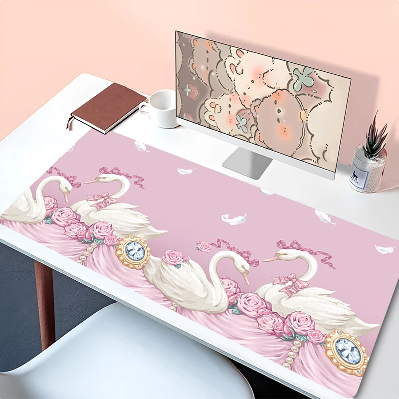 

Pink Flower Swan Mouse Pad Laptop Kawaii White Feather Extended Desk Mat PC Anime Aesthetics Mousepad Gamer Cabinet Keyboard Rug