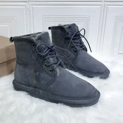 Winter New Women's Sheepskin Shoes Men's Snow Boots Lovers Shoes Natural Wool Sheep Fur Flats Lace Up High-top Boots Size 43 44