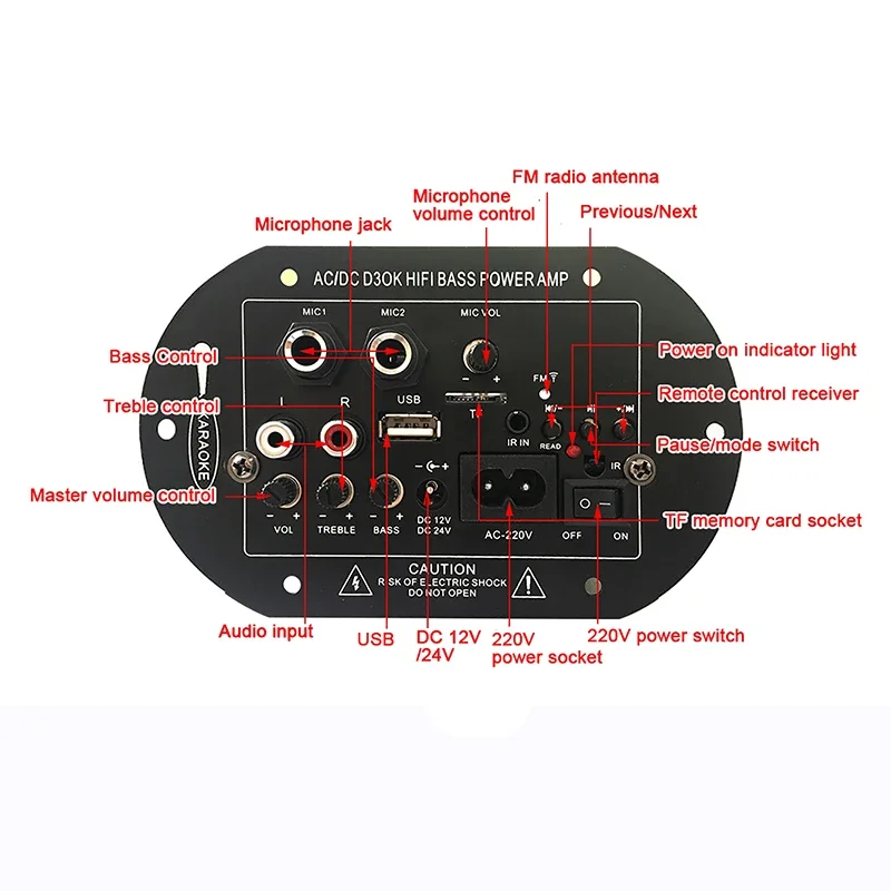 Audio Amplifier Board 120W Bluetooth Subwoofer Dual Microphone AMP Module DC 12V 24V Speaker for Karaoke Outdoor AC 110V/220V