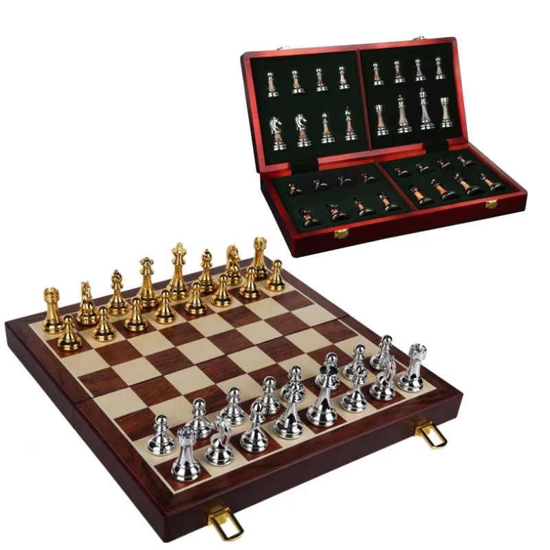 Luxury Magnetic Wooden Chess Sets Pure Copper Pieces Set Foldable Wooden Chess Set Board Handmade Portable