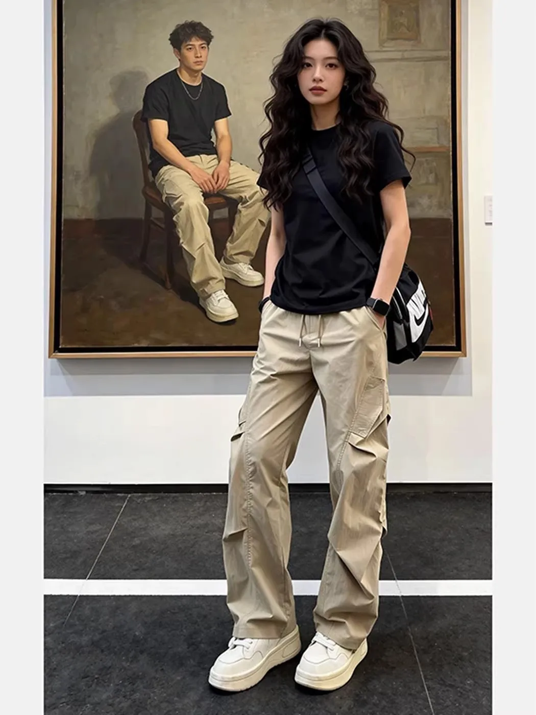 Khaki Spring Summer Thin American Outdoor Workwear Casual Straight Leggings Men's Women's New Folded Sensation Loose Fit Set - view 3