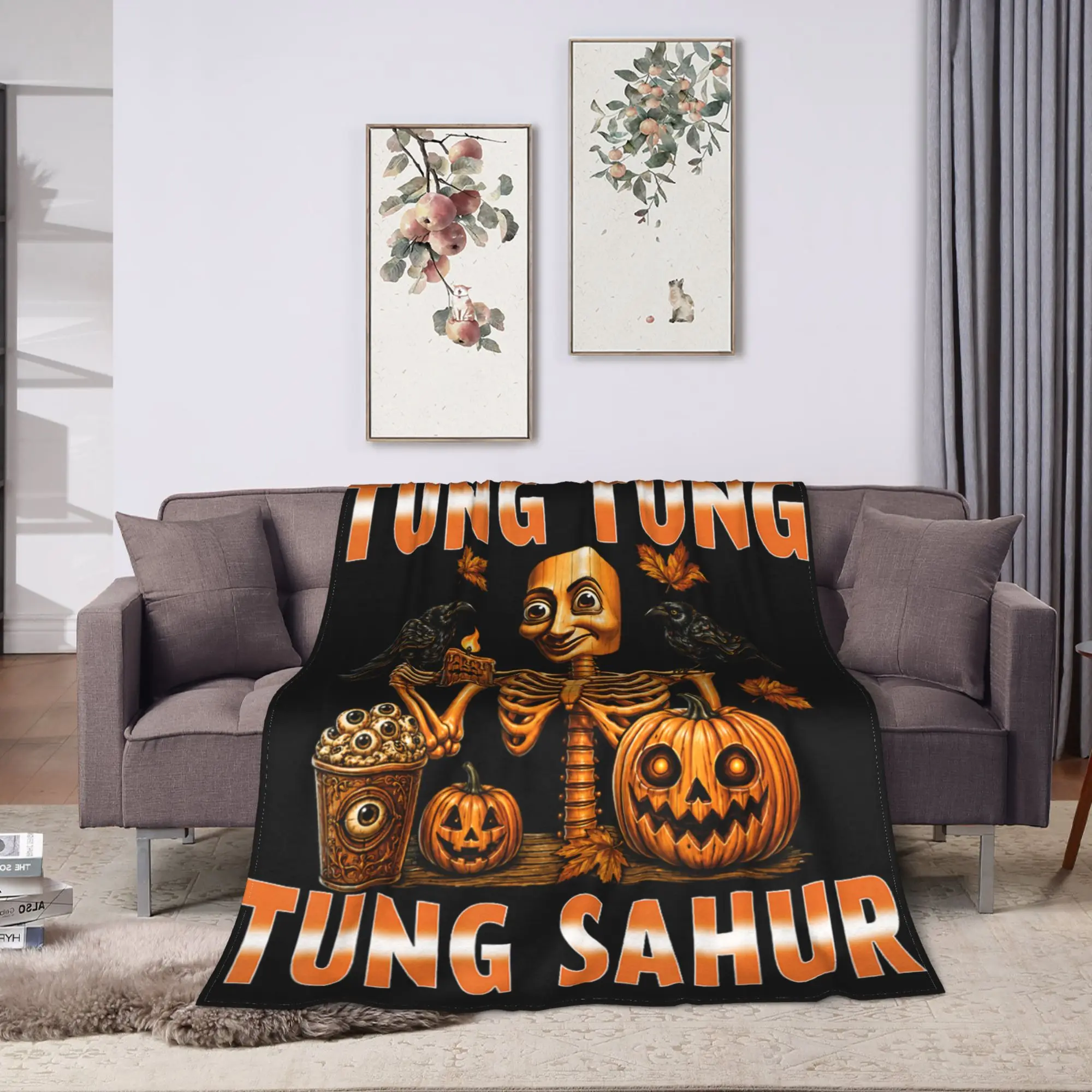 Vintage Halloween Skeleton Tung Tung Sahur Pumpkin Throw Blanket Soft Cozy Novelty Blanket For Sofa Home Plane Flannel Bedspread