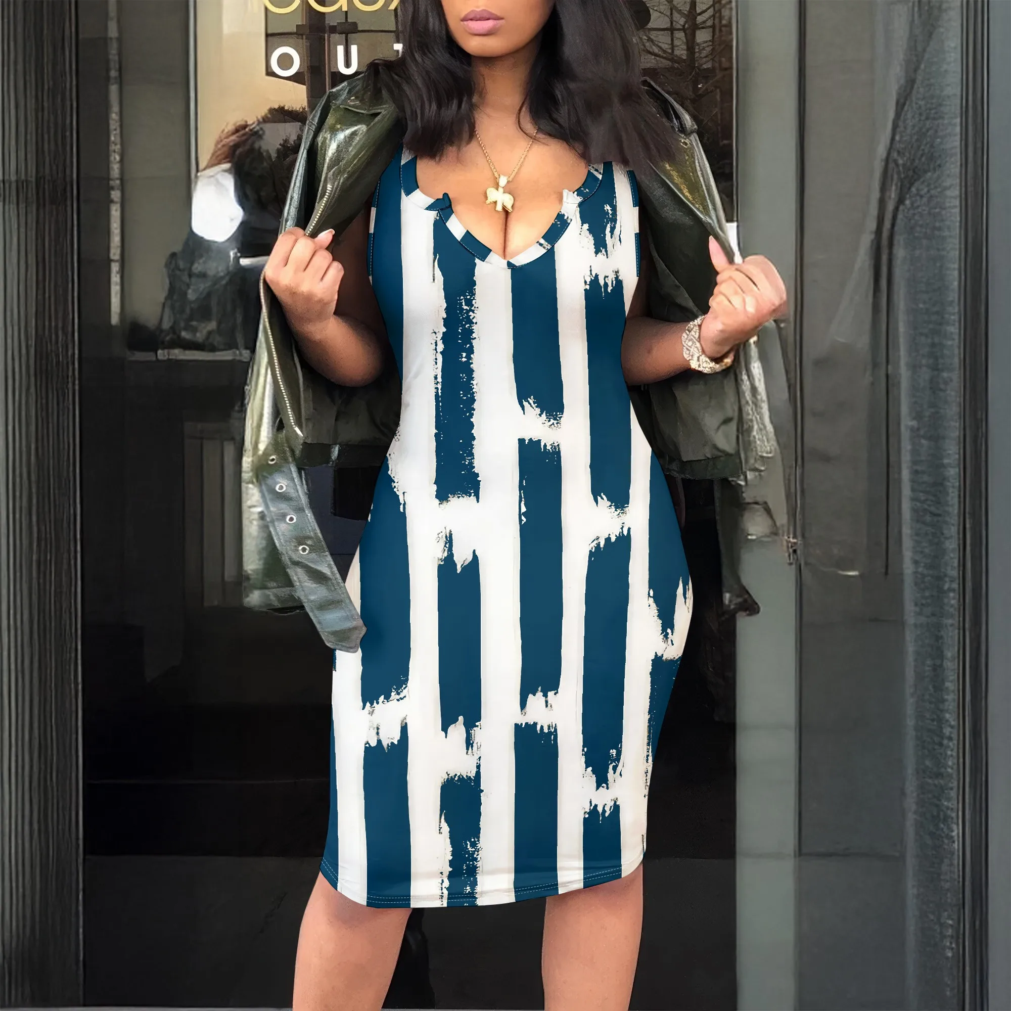 

Striped V-Neck Vest Dress, Brush Print Bodycon, Sleeveless Casual Midi, Summer Beach Party Wear for Women, S-2XL