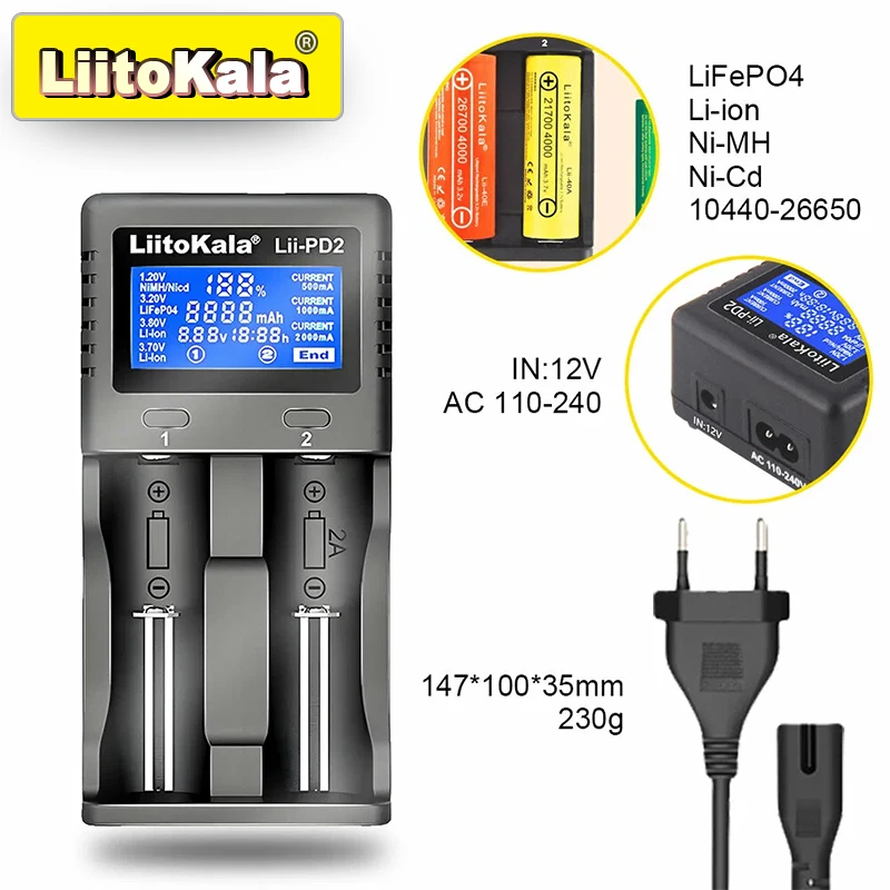LiitoKala Lii-PD4/PD2 AC PD-oplader LCD Snel opladen 4/2-bay voor 21700/18650/AA/AAA Multi-bescherming Auto-detectie