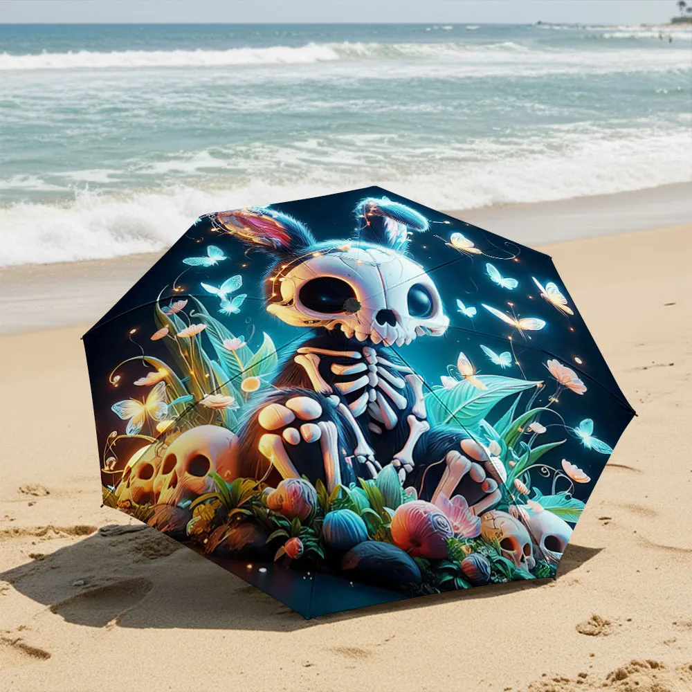 Skeleton Bunny with Glowing Butterflies Design Umbrella Compact Fashion Folding Umbrella for Daily Use, Christmas Gift
