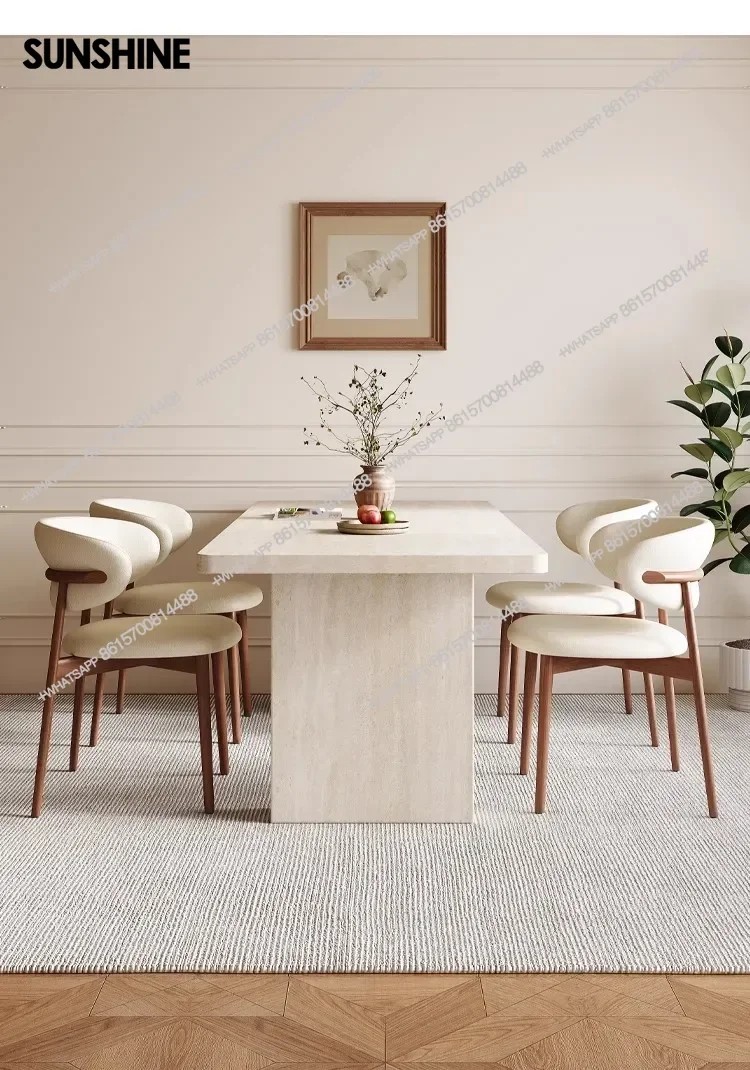 Mid-Century Travertine Dining Set: Wabi-Sabi Rectangular Table & Chairs, Customizable French Luxury for Small Spaces​​