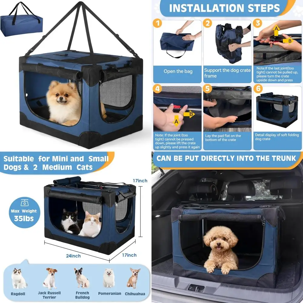 

Портативный ящик для маленьких собак с 4-мя сетчатыми дверями — складная дорожная будка для домашних животных для щенков, идеально подходит для путешествий в автомобиле и приключений на открытом воздухе