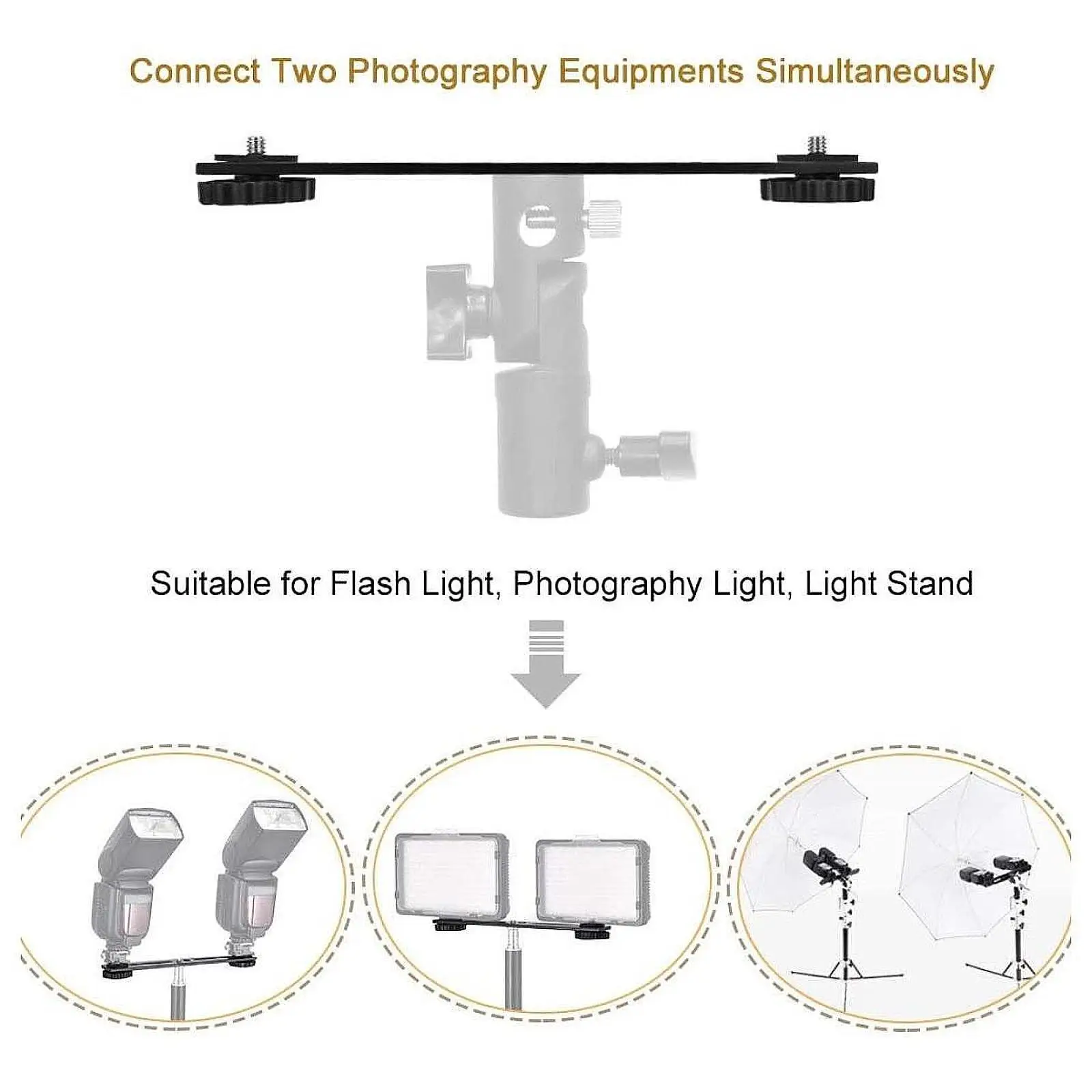 Flash Bracket,Compatible Double Head Sturdy Versatile Black Straight Metal 8"/20cm Camera Mount Flash Extension Bar