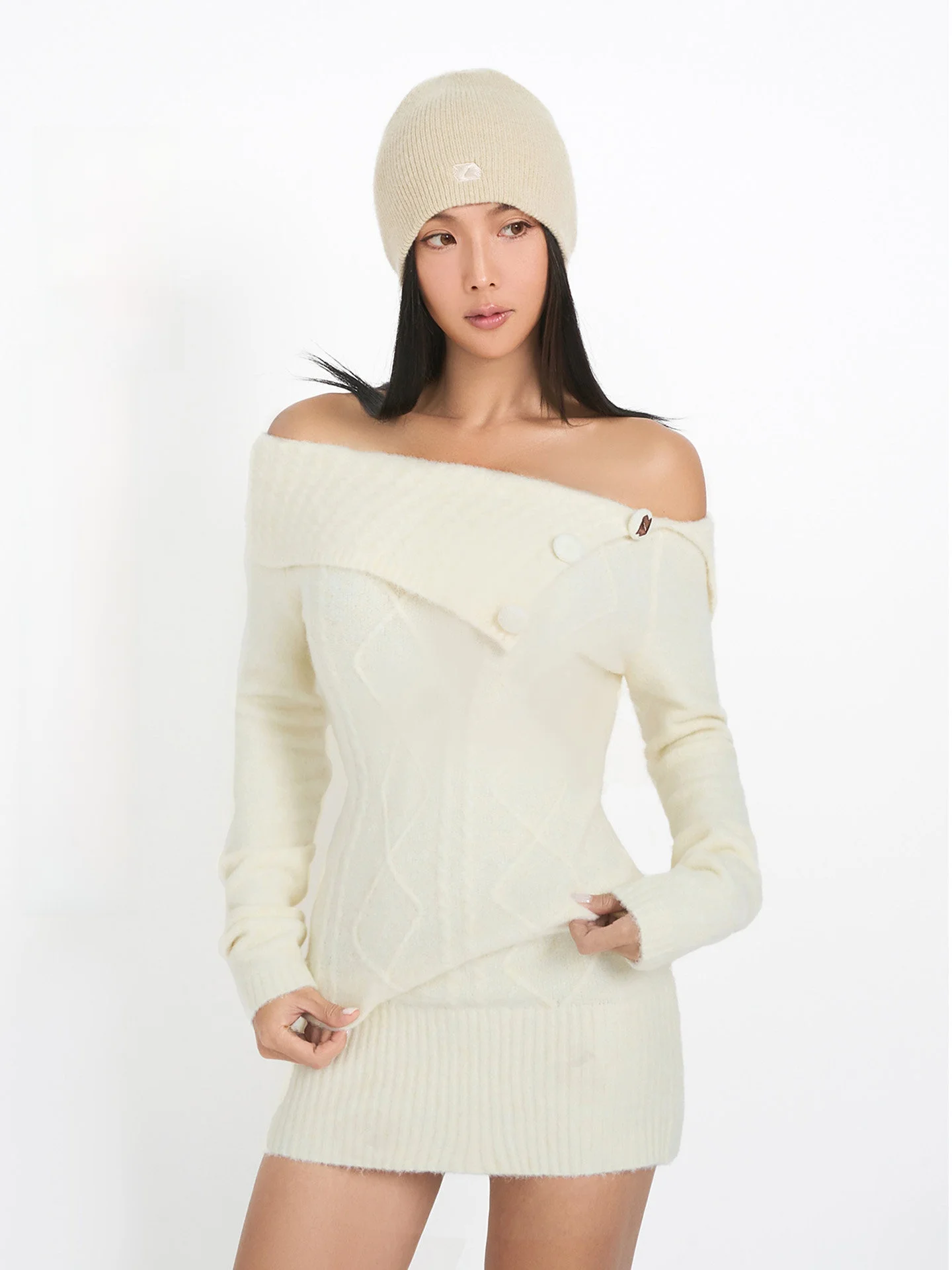 

ABMY Thiened oulder Bared Knitted Top Women's Lazy Sle American Retro Collar Overhead Long Sve Soft Polyester Blend