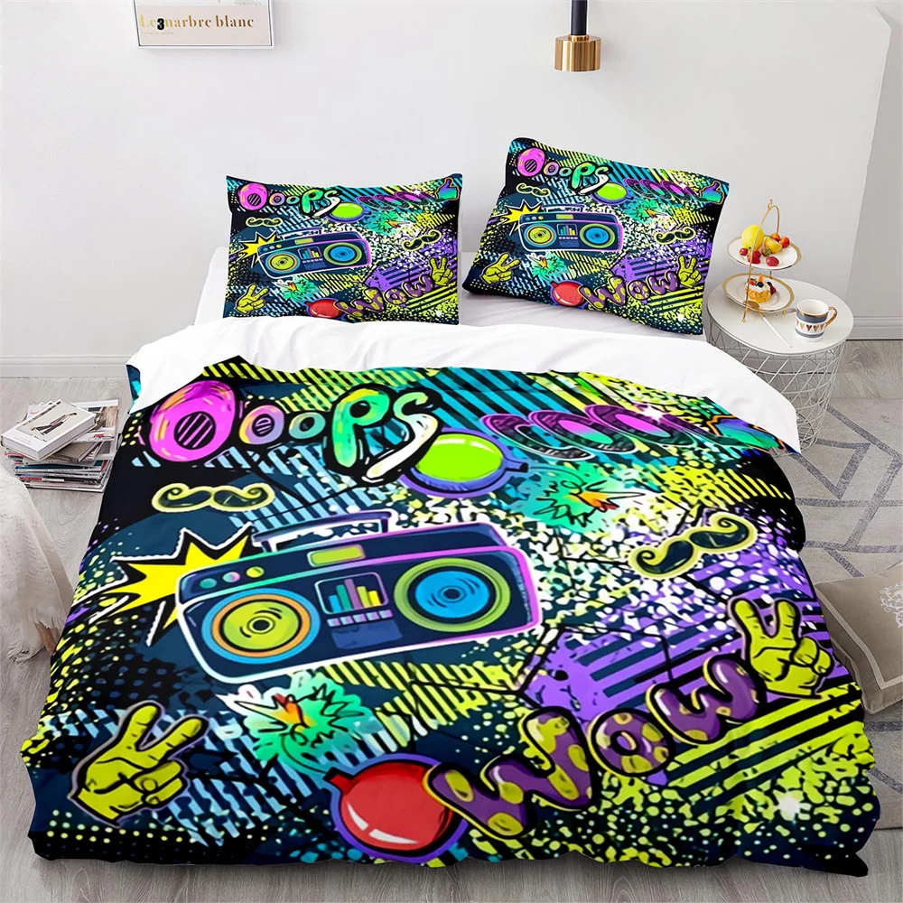 Modern Duvet Cover Set, Teenager Style Image Street Wall Graffiti Graphic Colorful Design Artwork Print,Hip Hop Bedding Set King