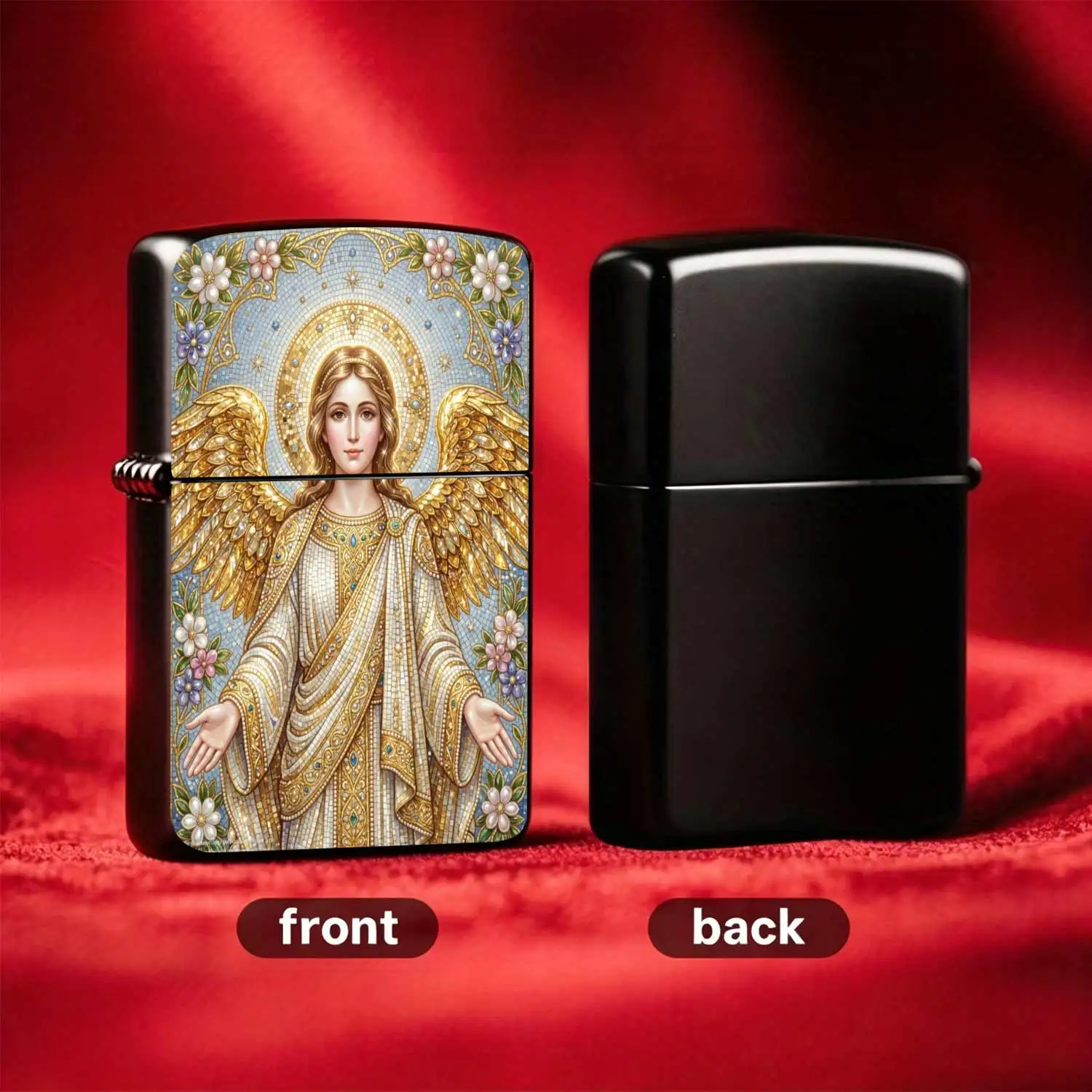 Reusable Flip-top Pocket Metal Windproof Lighter with Vintage Mosaic Angel Pattern, Exquisite Religious Art Style Appearance, Portable Design, Ideal for Daily Use, and Gift-giving Humorous and Fun Lighter