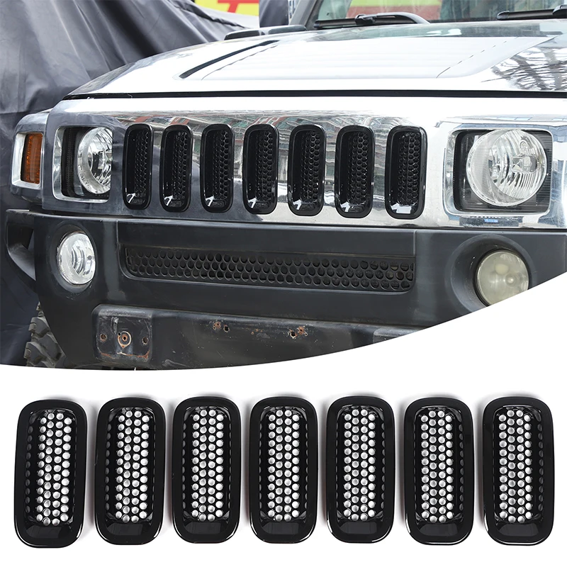 7piece set ABS Black For Hummer H3 2005-2009 car front grille insect-proof mesh cover decorative sticker protection accessories