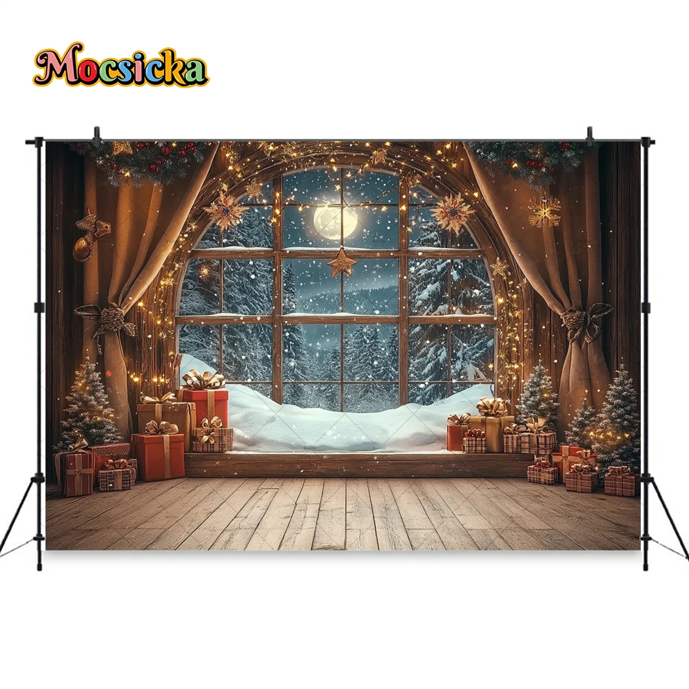 Mocsicka-خلفية التصوير الفوتوغرافي لعيد الميلاد ، خلفية نافذة خشبية ، كشك لامع نجمة القمر ، هدية للأطفال ، استوديو صور عائلي