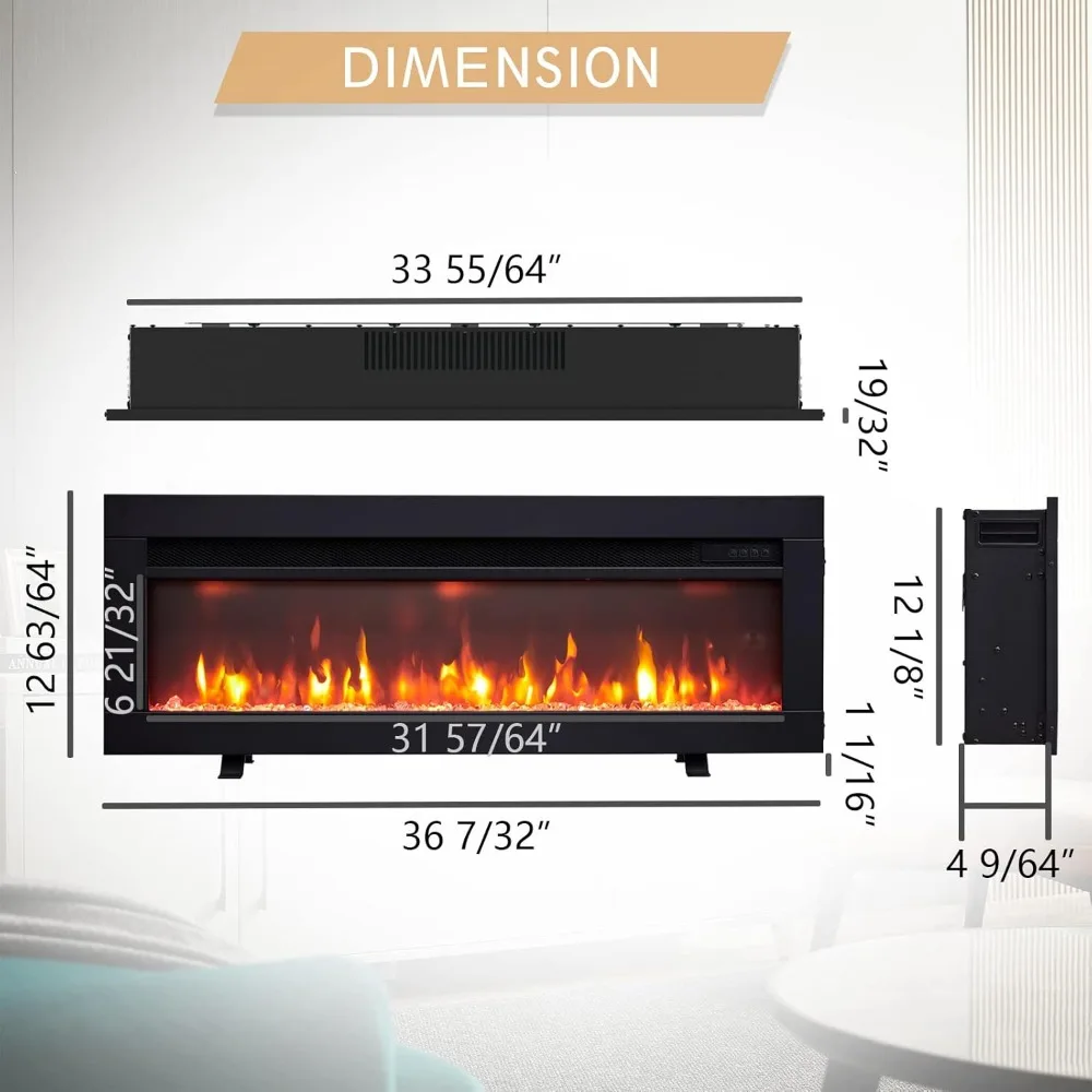 مدفأة كهربائية مجوفة مثبتة على الحائط بقدرة 36 وات 3 في 1، 9 ألوان لهب، متوافقة مع وسائط التلفزيون