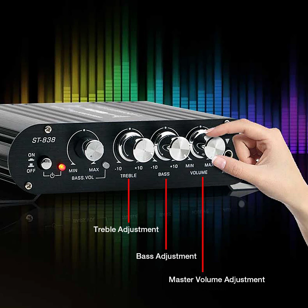 ST-838 HiFi 2.1 canali amplificatore di potenza 80W * 2 Stereo Bass Sound Amp amplificatore Subwoofer 20HZ-20KHZ amplificatore di potenza per auto