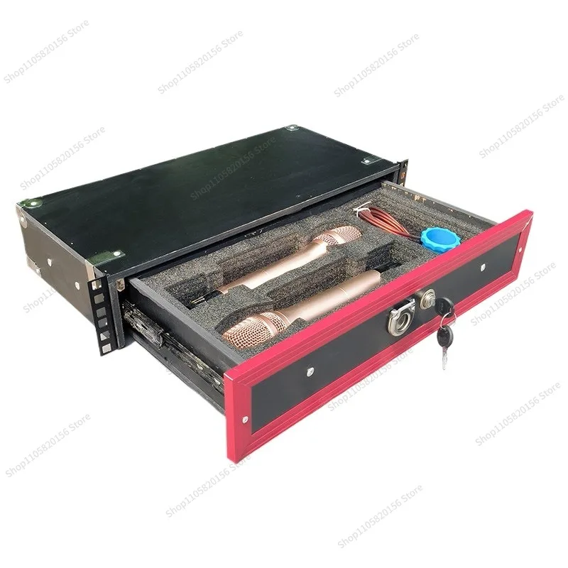 For 2U Rack Wood Drawer with Lock Metal Iron Drawer Microphone Storage Box