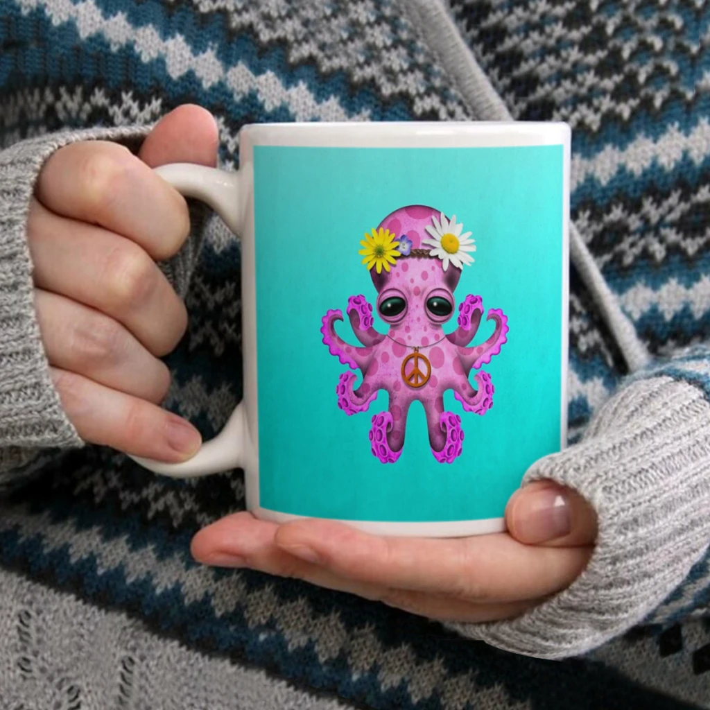 

Cute Pink Baby Octopus HippieCoffee Mug Tea Cup 11oz Coffee Cup Funny Birthday Ceramic Mug Personalized Cup