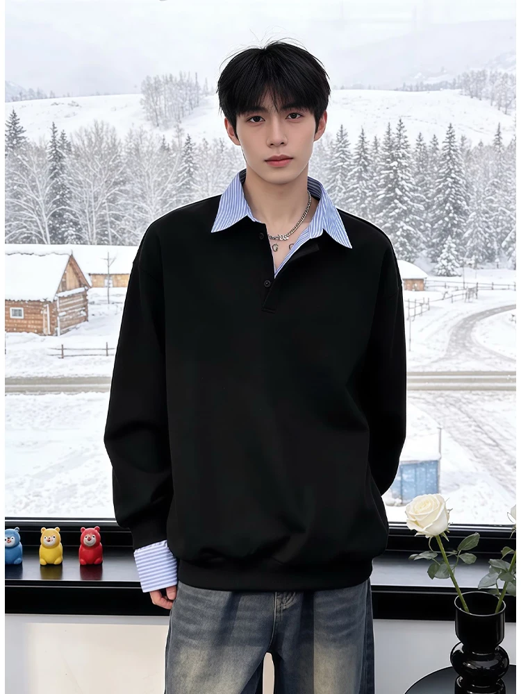 

American Sle Long Sve irt Collar Hoodie Men's Winter Striped High-End Feeling Haome Base Layer irt