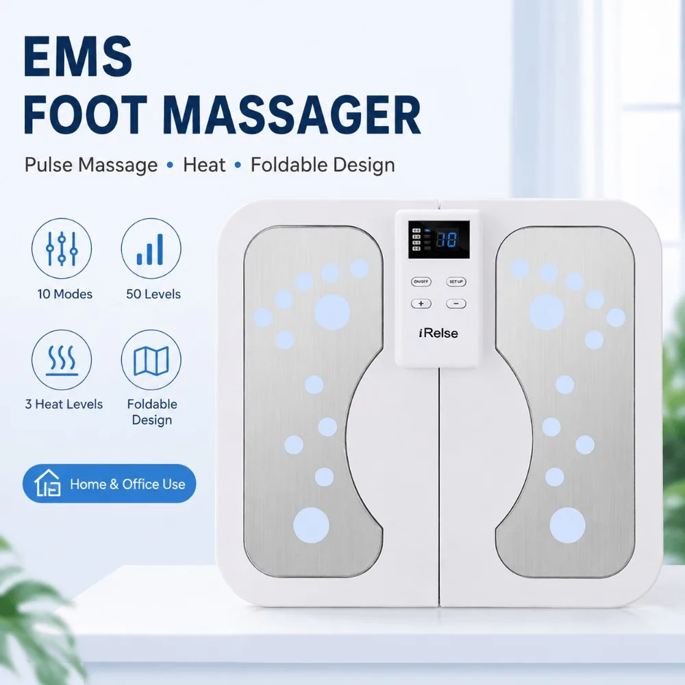 EMS Pulse Foot Massager Foldable Heat,Remote Electrode Patches Home Travel Foot Spa Acupoint Stimulator,Relieve Sore Feet Legs