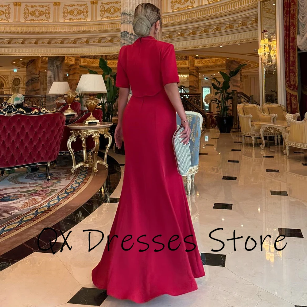 تخصيص عالية العنق الأحمر جيرسي الطية مساء اللباس نصف الأكمام بسيط ماكسي حزب اللباس حورية البحر الطابق طول الحفلة