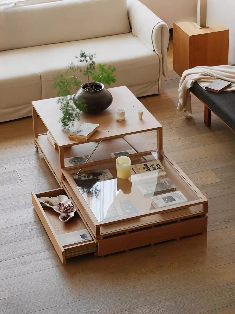 Coffee table solid wood movable coffee table, living room home new Chinese-style small table with cart rack